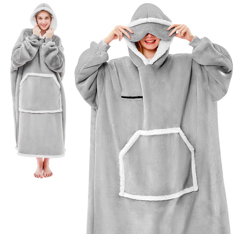 IFNOW Wearable Blanket Hoodie, Oversized Sherpa Fleece Hooded Sweatshirt with Eye Mask, Cozy and Giant Blanket Hoodie with Sleeves Extra Long for Adults Men Women, Grey - Image 1